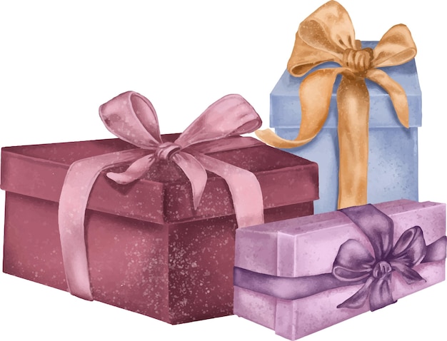 Composition of gift boxes with satin bow digital illustration watercolor style isolated on white