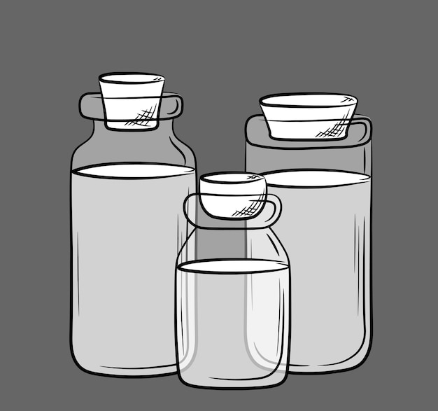 Vector composition of glass jars of different shapes with cork plugs. balloons with translucent layers.