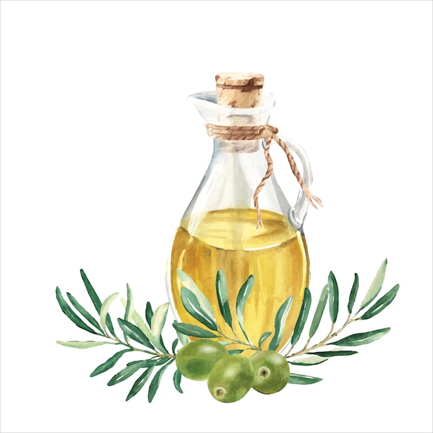 composition of glass jug with oil and olive branch with green olives hand drawn watercolor