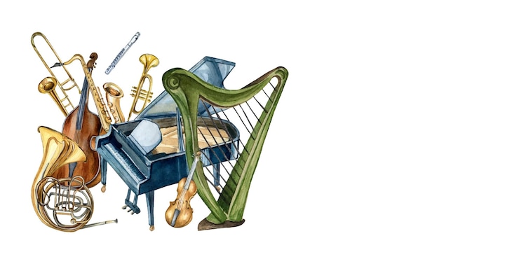 Vector composition of grand piano harp contrabass musical instruments watercolor illustration isolated