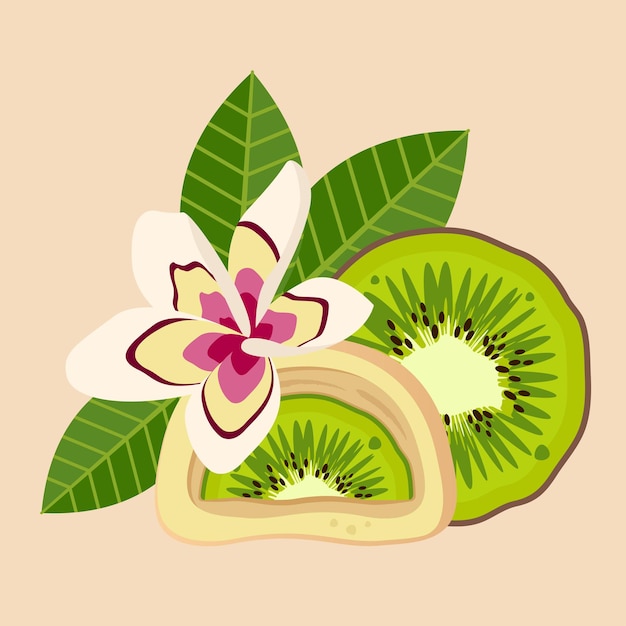 Composition of half Mochi kiwi fruit and sakura blossoms Japanese cakes made from rice flour Vector