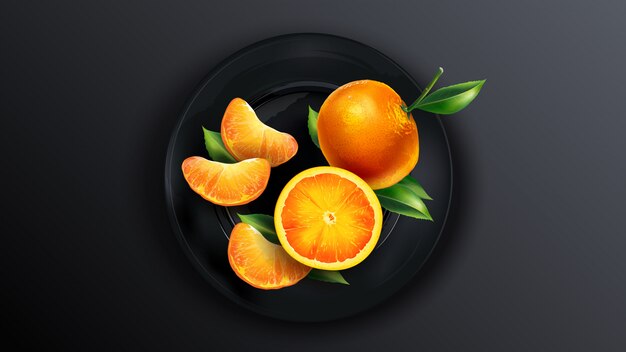 Composition of mandarins on a black plate.