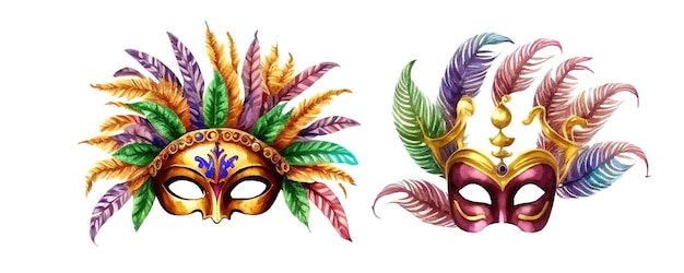 Composition for Mardi Gras Group of traditional objects Mask beads and feathers Hand drawn watercolor illustration on white background