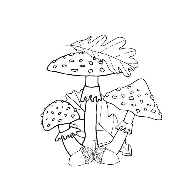 Composizione di funghi con foglie e ghiande illustrazione vettoriale disegnata a mano per carte da colorare