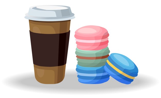 벡터 커피 컵과 마카롱의 다채로운 스택 구성