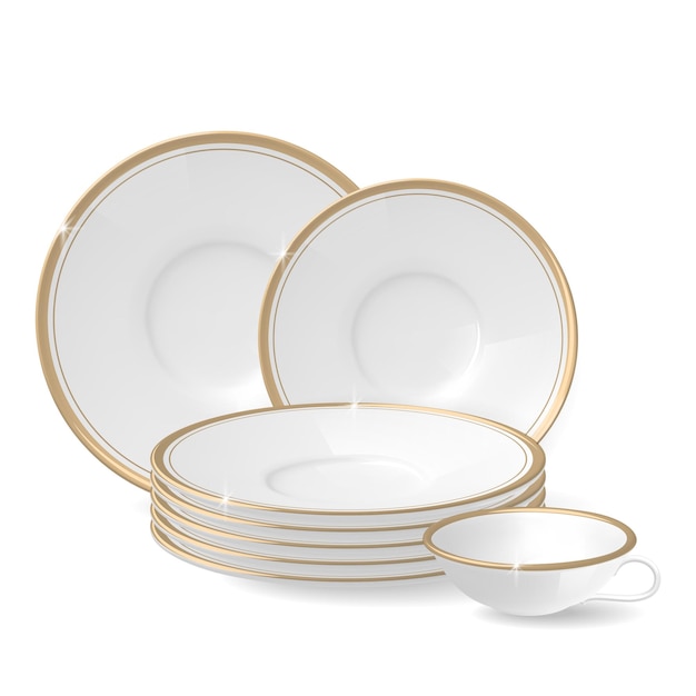 Вектор Состав белых тарелок и чашки с золотыми ободками разных размеров на белом фоне реалистичная векторная иллюстрация