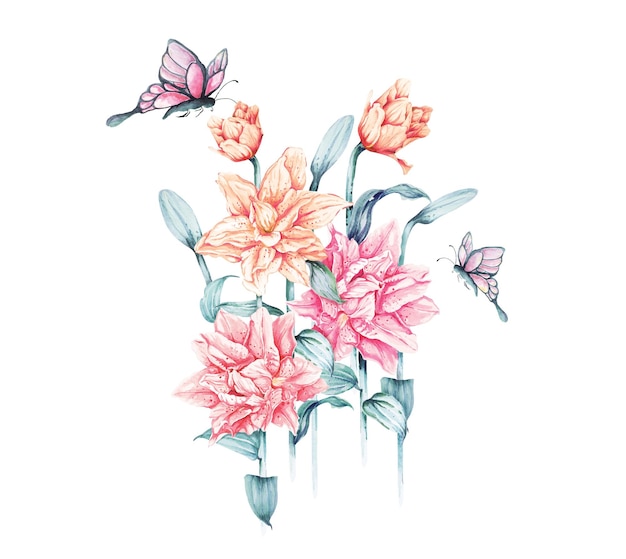 Композиция розовая лилия с листьями эвкалипта с акварелью на свадьбу и пригласительный билет