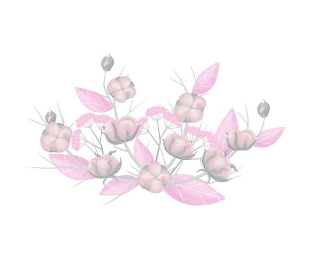Composition of pink twigs leaves and fruits of cotton vector illustration on white background