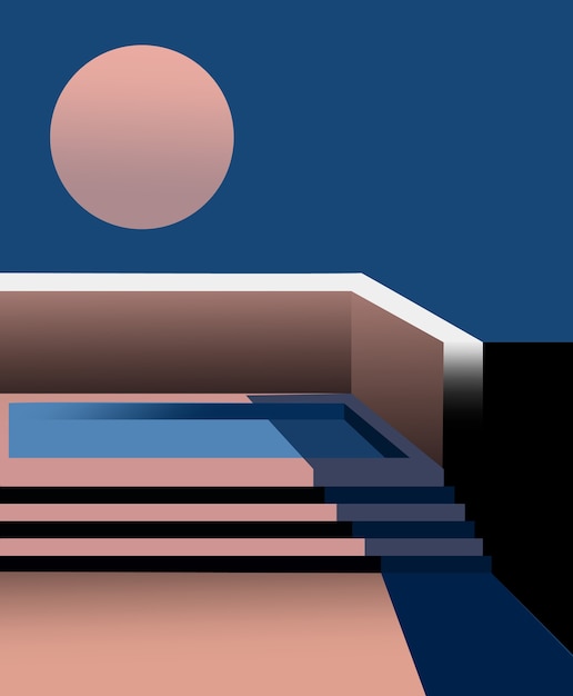 Vector composition of a pool on the roof top with full moon in the sky