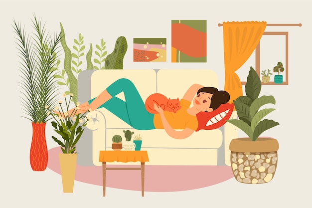 Vettore composizione relax donna, concetto di stanza giovane ragazza, casa moderna tecnologia professionale, illustrazione. appartamento interno, relax per persona, comodo divano.