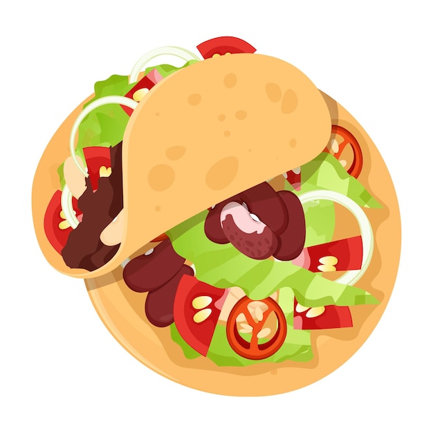 Vector composition of a rolled taco with filling and an unwrapped mexican taco with beans lettuce onions