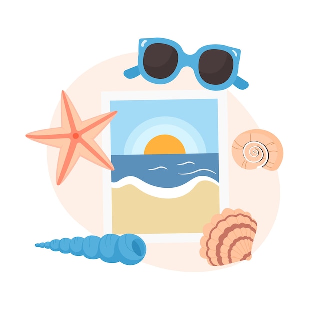 Composition Sea photography and seashells Summer Holidays Marine concept Flat vector illustration