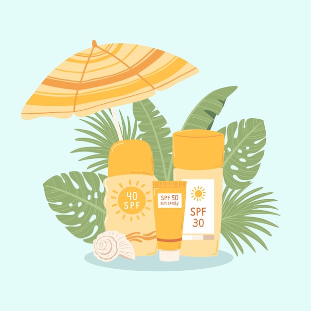 Vector composition sunscreens with spf sun protection products and tropical leaves umbrella on blue background concept protection uv radiation illustration skin carecream spray tube vector