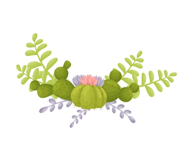 Vettore composizione dei loro cactus ramificati con fiori bicolore e rami viola illustrazione vettoriale su sfondo bianco