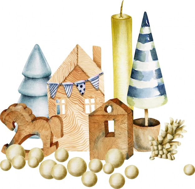 Composition of watercolor Christmas decorations 