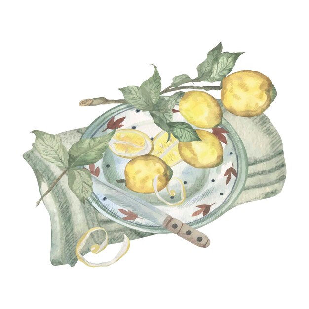 Vector composition watercolor lemons on a plate