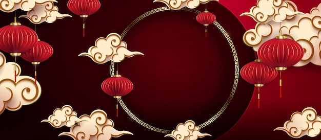 Composition with Asian lanterns and clouds in paper art style round frame with a pattern