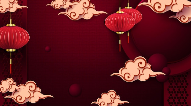 Composition with Asian lanterns on pendants and clouds paper art style