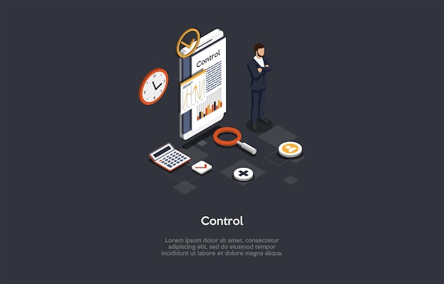 Composizione con carattere e testo. illustrazione vettoriale isometrica, stile 3d del fumetto. concetto di controllo. uomo d'affari in piedi vicino a smart phone con grafici, grafici sullo schermo, elementi infografici