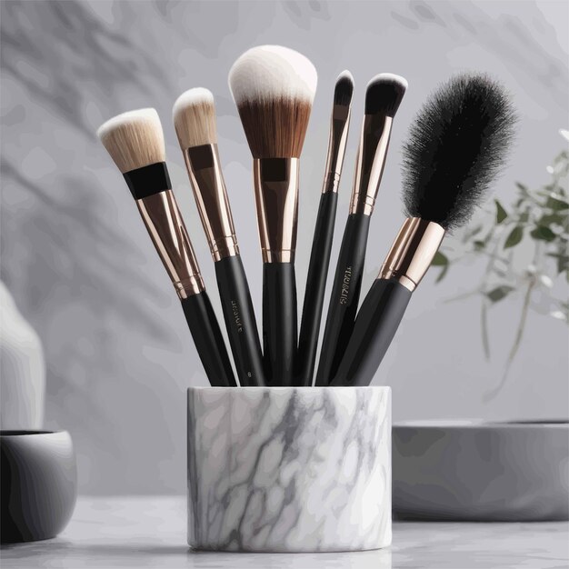 composition with cosmetic brushes and makeup brushes on marble backgroundcomposition with cosmetic b