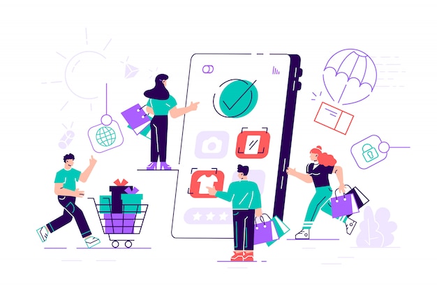 Composition with crowd of crazy customers or shopaholics carrying shopping carts with purchases, bags and boxes and giant tablet PC. Online store or internet shop sale. Modern flat  illustration