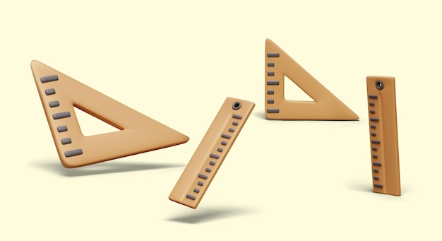 Composition with different wooden rulers Measuring tool in straight style and with right angle