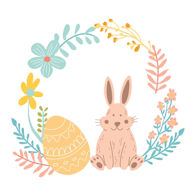 Composition with easter bunny egg and flowers Wreath