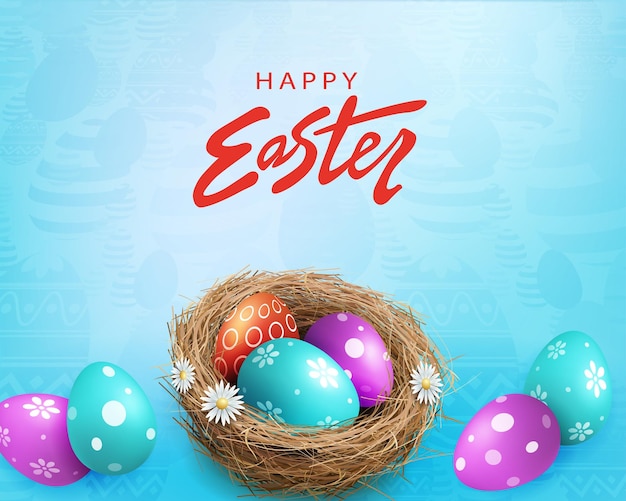 Composition with Easter eggs in a nest on a blue textural background