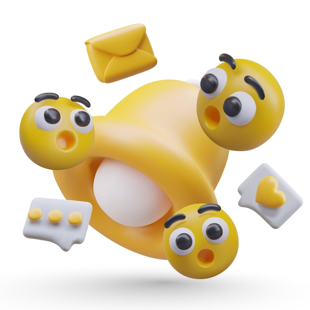 Vector composition with flying yellow emoji in different positions big bell flying messages and envelope