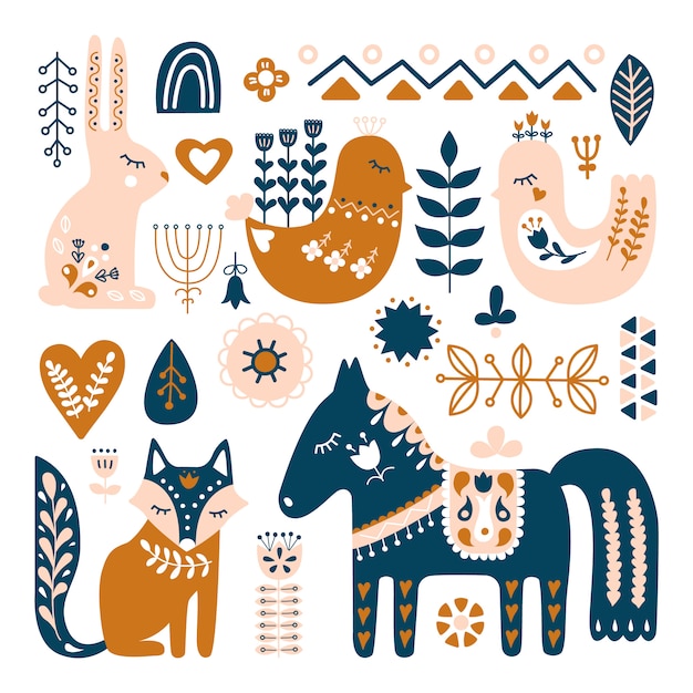 Vector composition with folk art animals and decorative elements.