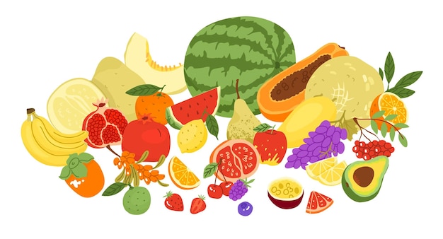 Composition with fruits after harvest Farm products organic farming Different types of fruits Melon watermelon berries citrus Vector illustration for farmers and food markets