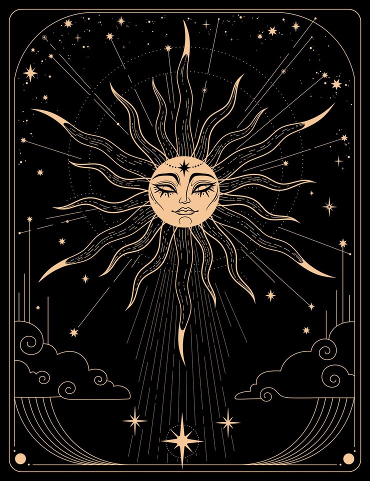 Vector composition with golden esoteric sun and stars on dark background