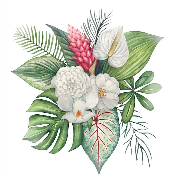 Composition with green tropical leaves and flowers watercolor