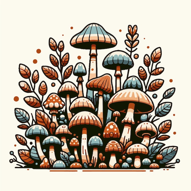 Vector composition with mushrooms and flowers magic mushrooms in the forest folk style