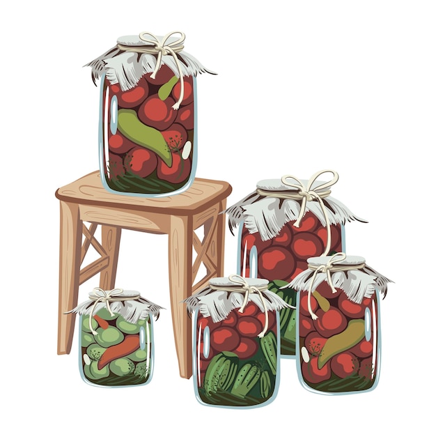 composition with preparations for the winter. vintage jars with canned vegetables