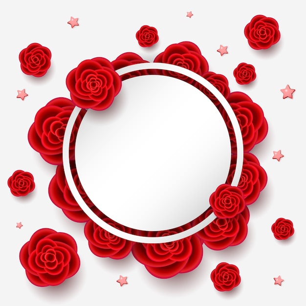 Composition with realistic flowers. red roses and stars with white round frame with place for your text.