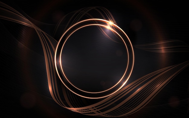 Composition with a round sparkling frame golden wavy ribbons and a mesh pattern