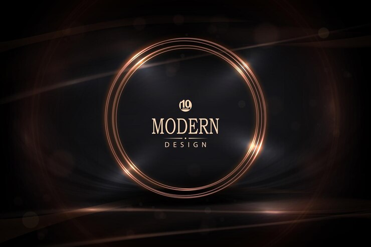 Vector composition with a shiny round frame in a golden hue on a dark textured background