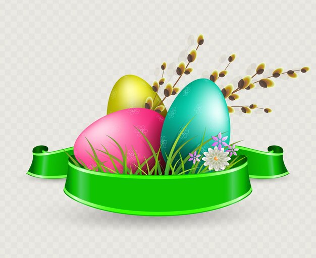 Vettore composizione con tre uova di pasqua e un elemento di design in vimini