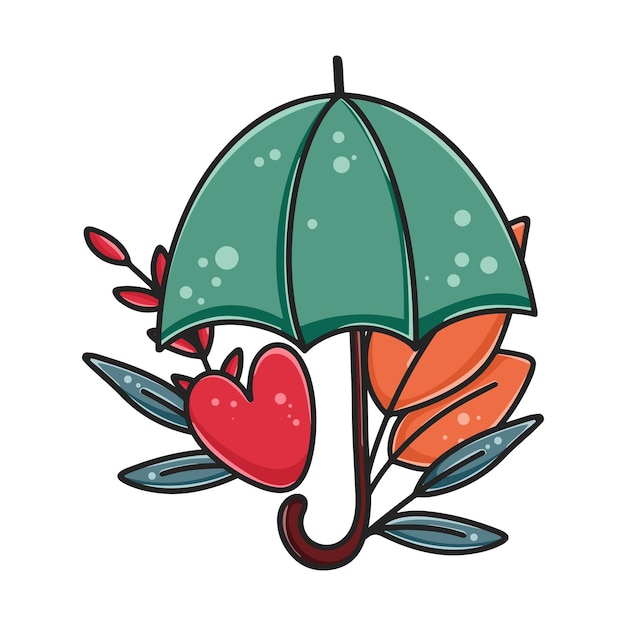 우산과 단풍으로 구성 귀여운 가을 손으로 그린 그림 아늑한 스티커