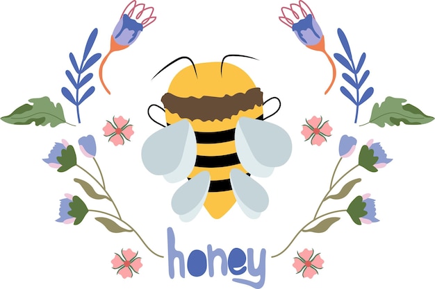 꽃이 만발한 야생화와 귀여운 꿀벌이 있는 작곡. 인사말 카드 구성입니다.