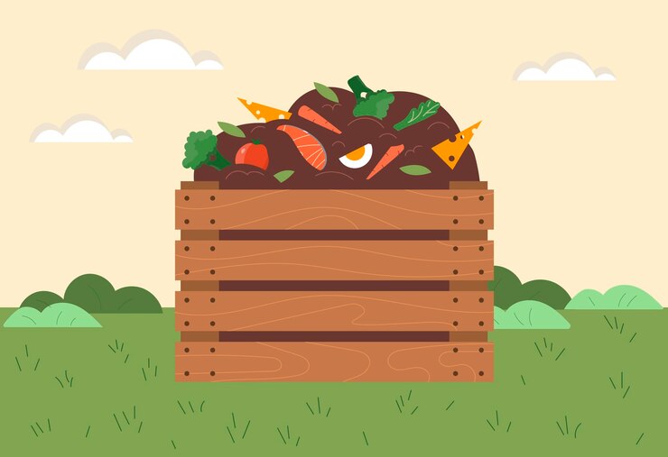 Vector compost box concept wooden basket with organic biodegradable waste for soil fertilization and
