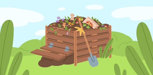 Compost box with bio recycling garbage vector illustration. Pile of waste products for organic fertilizer. Agricultural gardening recycle. Bin with natural trash to reduce environmental pollution.