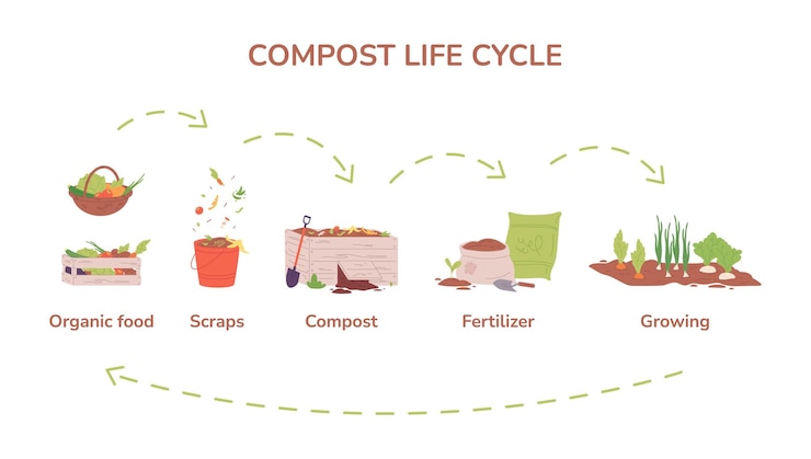 Vector compost cycle farm garden composting process biology recycle organic food in agriculture box biodegradable waste natural scrap bin conservation vector illustration of compost agriculture organic