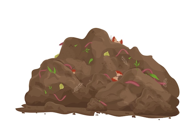 Compost pile with organic garbage and earthworms in cartoon style