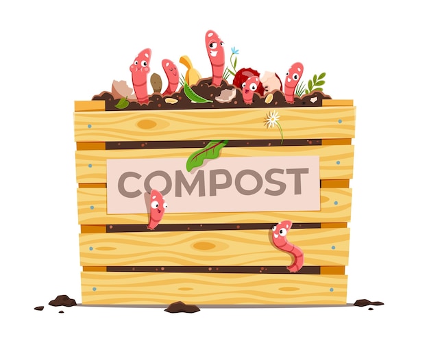 Compost wooden box with funny cartoon earth worms waste and soil ground Vermicomposting humus composting ecofriendly process Isolated vector earthworms stick out of organic waste pile in crate