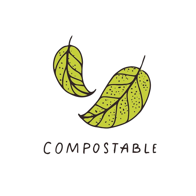 Compostable hand drawn sign with two leaves sketch drawing organic label vector icon