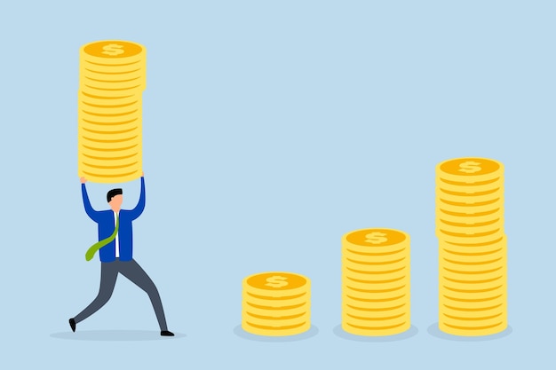 Compound interest effect Businessman investor holding a large stack of dollar coins to use as a growth compound graph