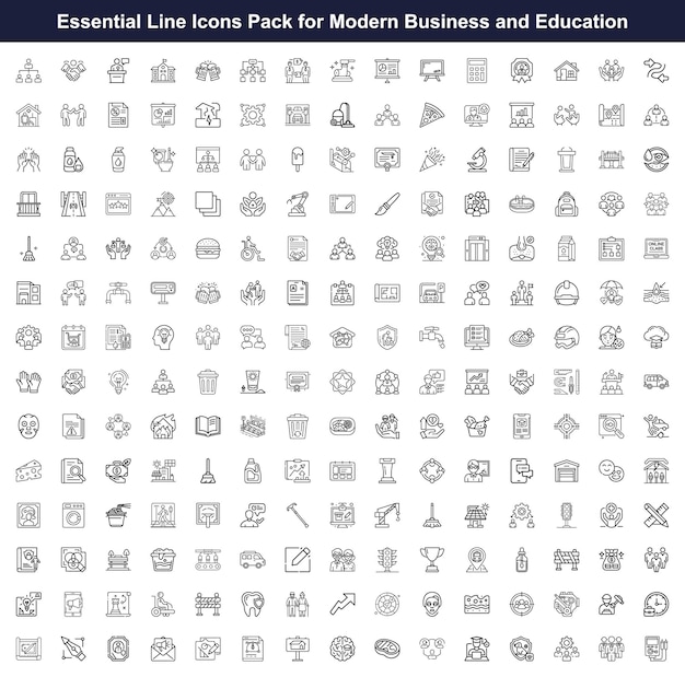 a comprehensive collection features numerous linear icons representing diverse business educational and lifestyle concepts on transparent background