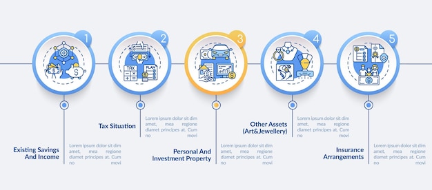 포괄적인 재무 계획 벡터 Infographic 템플릿입니다. 재산, 예술 자산 프레젠테이션 디자인 요소. 5단계로 데이터 시각화. 프로세스 타임라인 차트. 선형 아이콘이 있는 워크플로 레이아웃